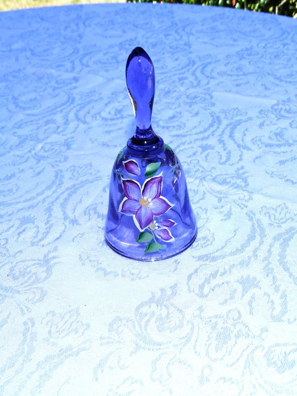 Fenton Glass Small Bell Lavender with Purple Flowers and Green Leaves 4 3/4"